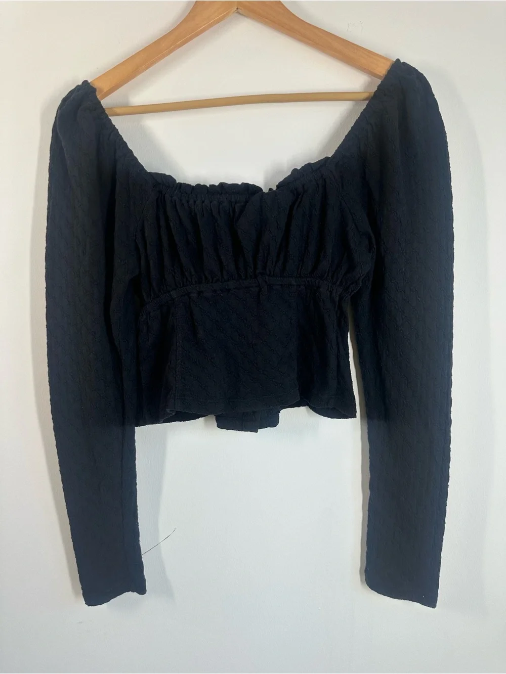 Free People Black Smocked Long Sleeve Crop Top, Size Medium